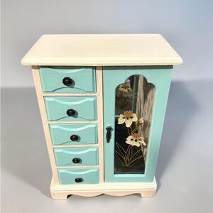 Jewelry Armoire - Aqua and Cream Refurbished Vintage Wood Jewelry Box